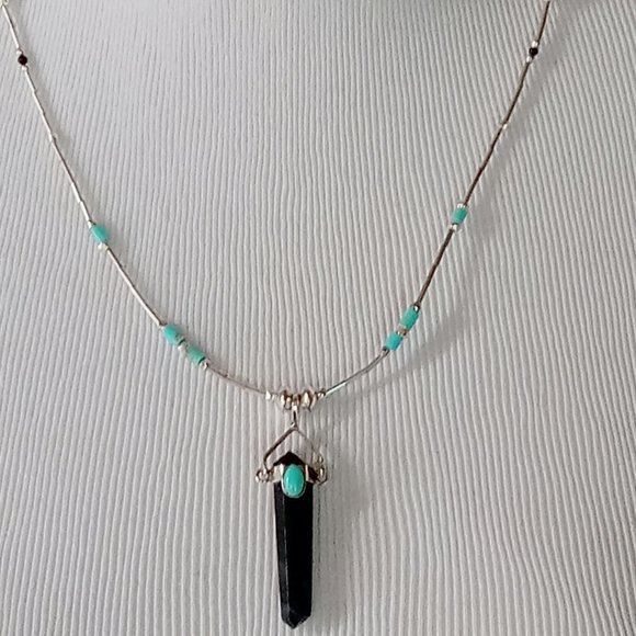 Liquid Sterling Silver Black Obsidian ~ Turquoise Ensemble - Picture 5 of 13